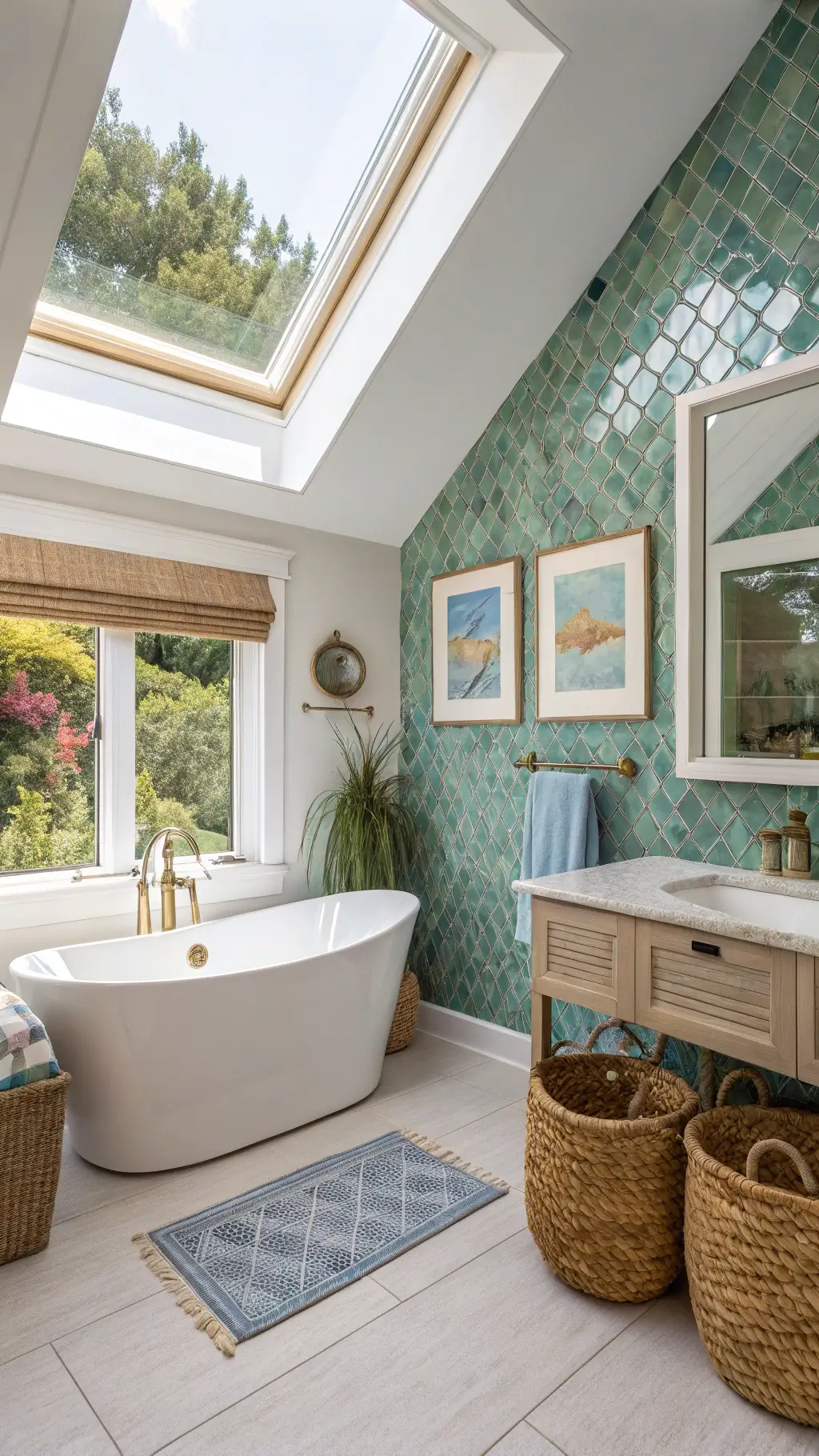 Bright, spacious master bathroom with vaulted ceiling, skylight, glass tile blue-green accent wall, freestanding tub with brushed gold waterfall faucet, seagrass basket storage, rope-wrapped mirrors and coastal artwork; room captures a luxurious, resort-like feeling.