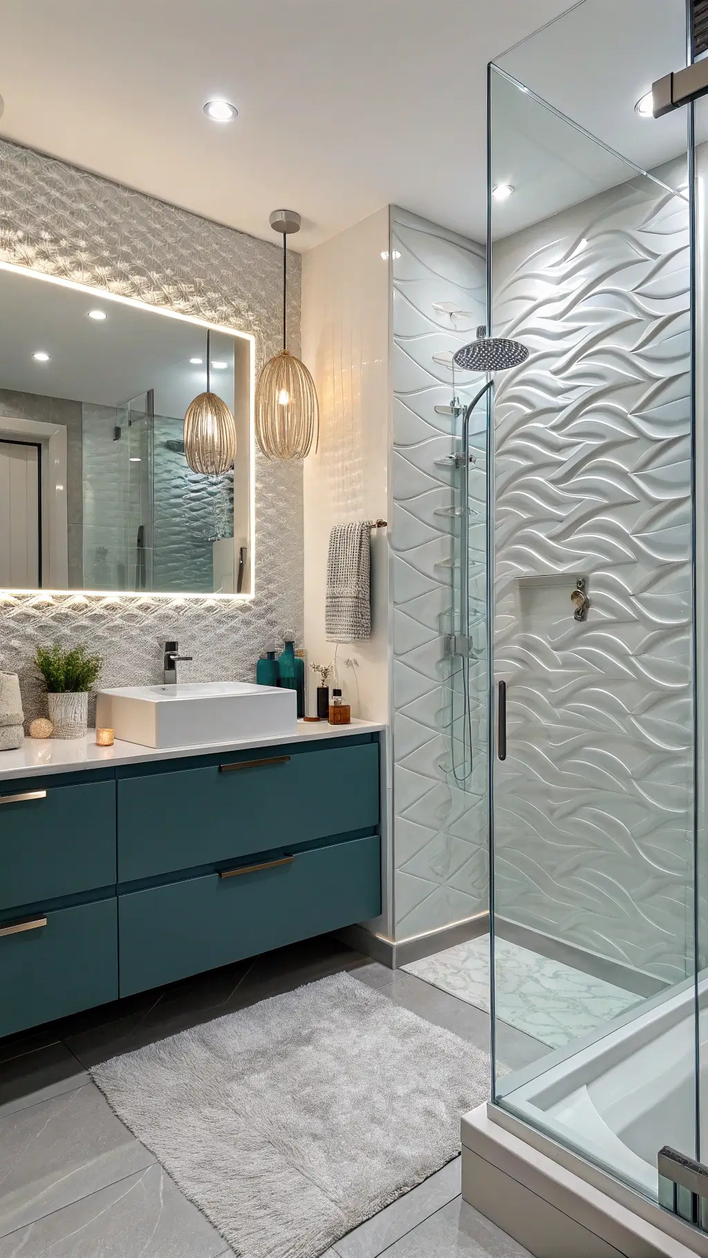 Modern and sophisticated 7x9ft bathroom with white and silver wave-pattern tile, ambient LED lighting, a teal floating vanity with quartz countertop, silver and rose gold accessories, bubble light fixtures, and a textured glass shower door.
