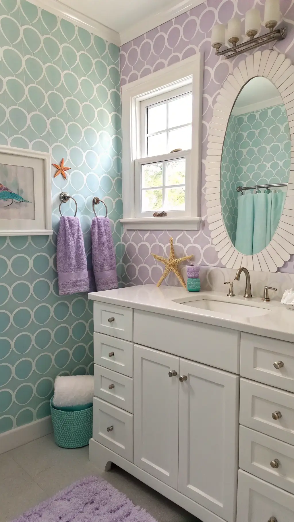 Children's bathroom with mermaid scale wallpaper in lavender and mint, seashell-shaped window film casting morning light, a white vanity with pearl handles and starfish knobs, bubble-shaped mirror frames, and towels in soft purple and aqua in shell-shaped holders, striking a magical, child-friendly atmosphere.
