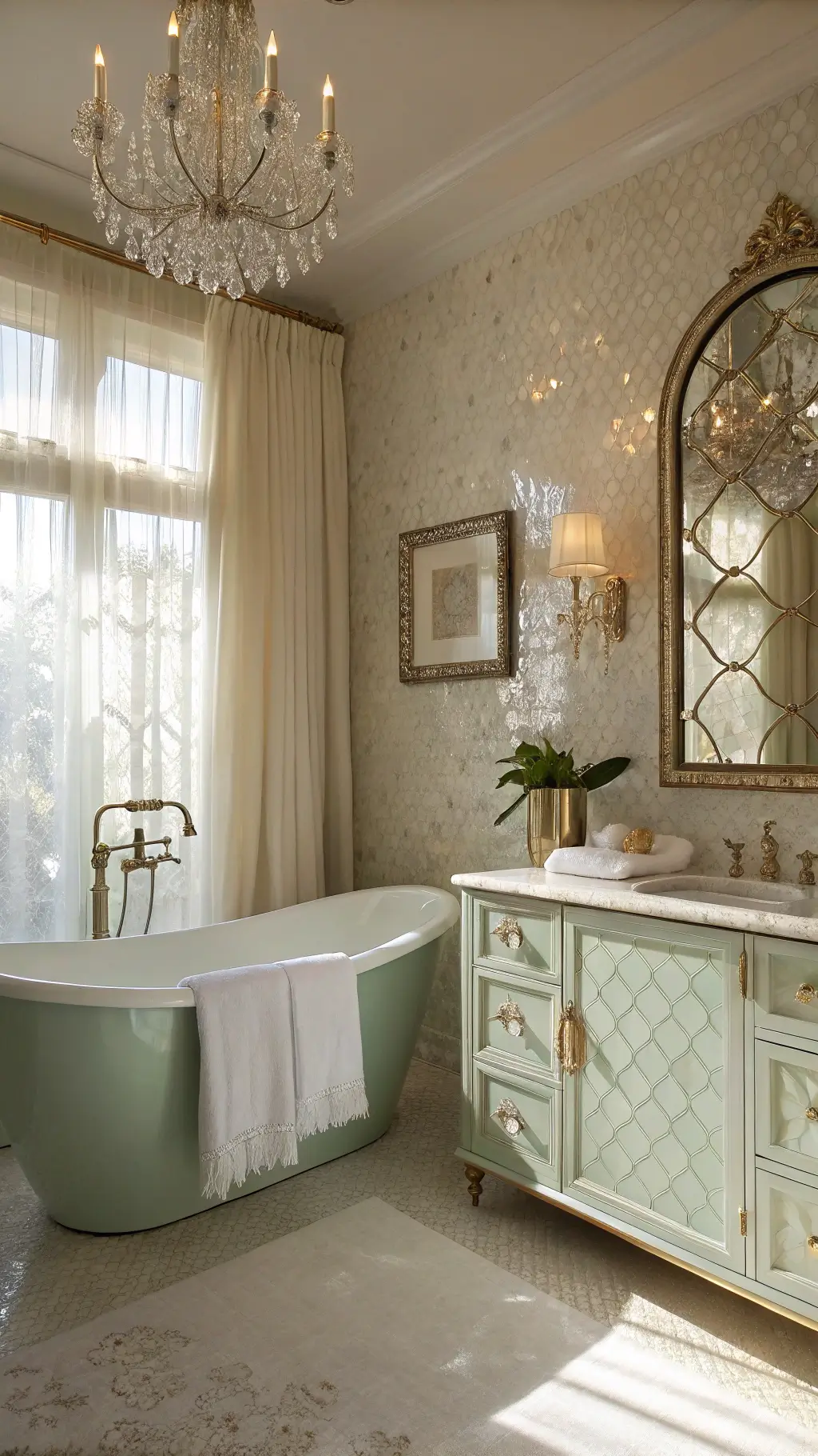 Elevated view of a refined, elegant 9x11ft bathroom featuring a freestanding tub with a mother-of-pearl mosaic backdrop, custom seafoam green vanity with brass hardware, Venetian mirror with shell motifs, and ethereal lighting from a crystal chandelier. Sheer curtains diffuse golden hour lighting, enhancing a romantic mood.