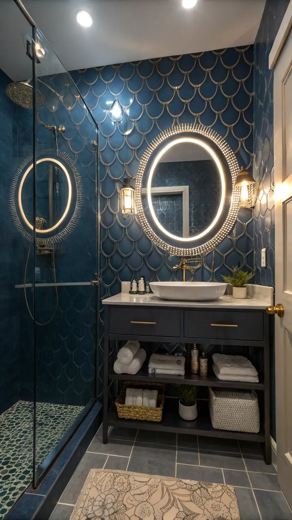 Compact 5x8ft bathroom with midnight blue walls adorned with metallic scale decals under artificial lights, an illuminated ring mirror for a moonlit effect, chrome fixtures with pearl inlays, a glass shelf with sea treasures, and iridescent rainbow shower tiles, in a low angle shot emphasizing the room's height and dramatic lighting.