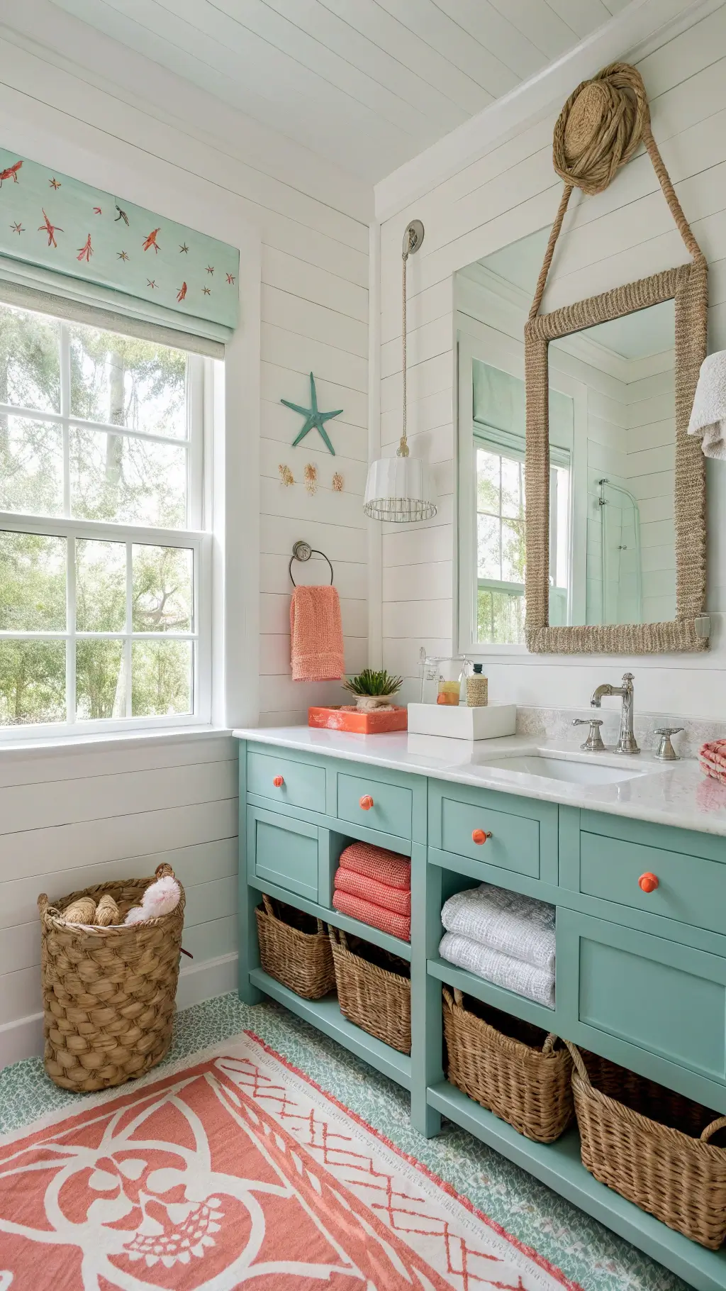 Bright coastal-themed bathroom with natural light, white shiplap walls, aqua and coral details, double vanity with rope-wrapped mirror, shell tiles, and beach accessories in woven baskets and glass containers.