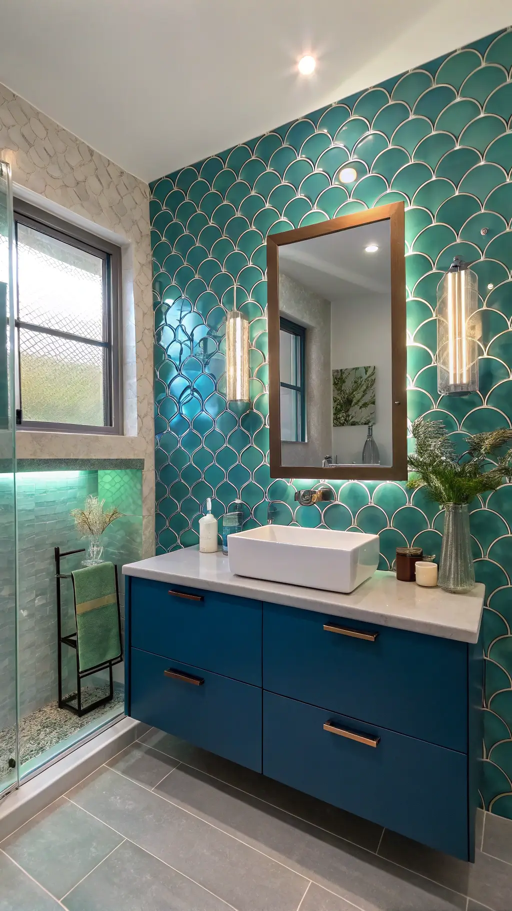Contemporary 7x8ft bathroom with mermaid scale tiles in gradient blues and greens, afternoon sunlight creating prism effects through textured glass window, deep azure floating vanity and artistic shell-inspired wall sculptures