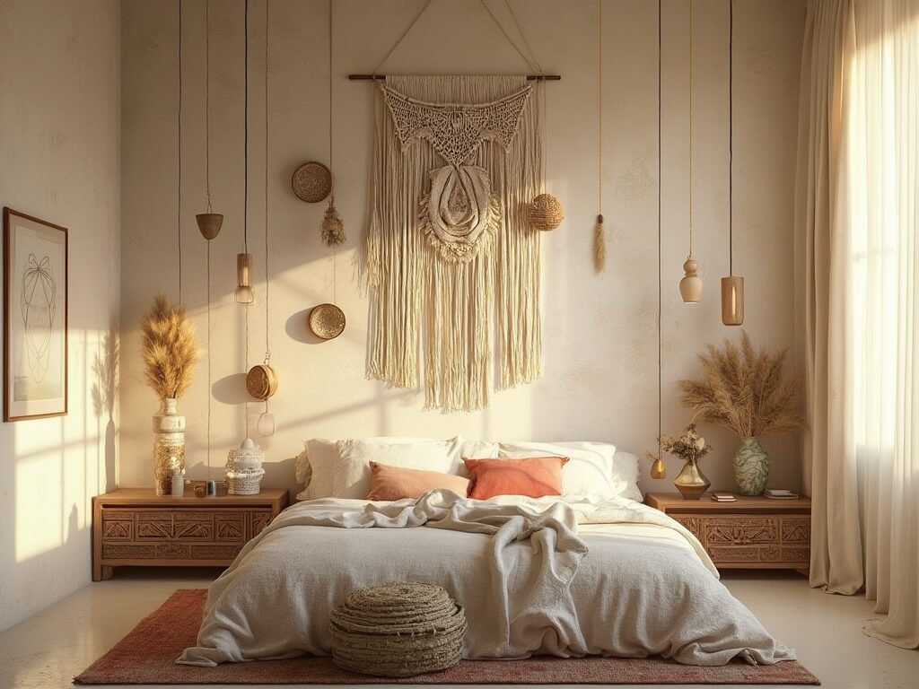 "Bohemian bedroom with warm earth-toned decor, macramé wall hanging centerpiece, vintage woven baskets, dream catcher, minimalist art, pampas grass in vase, Moroccan lamps, and carved wooden shelf with potted plants"
