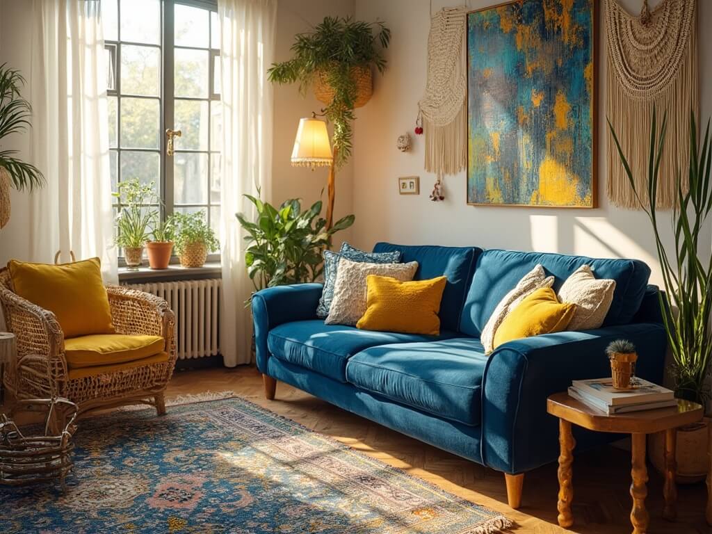 "Bohemian-style living room with sapphire blue velvet sofa, mustard yellow throw pillows, Persian rug, rattan chair, brass lamps, macramé wall hangings, and potted plants"