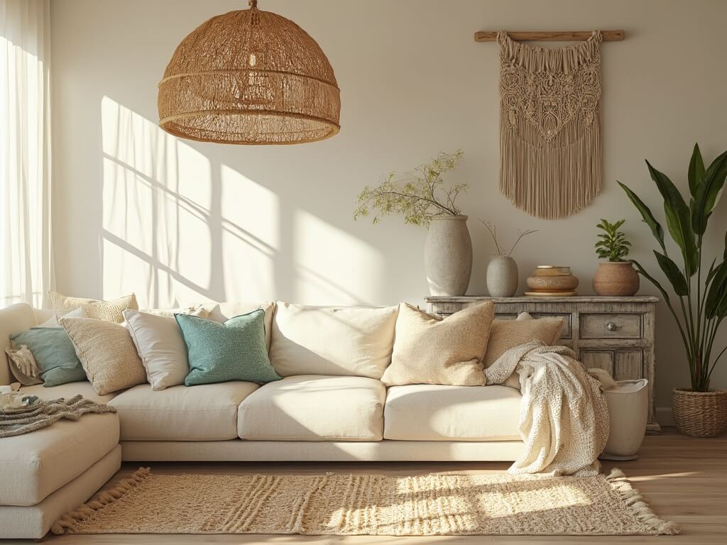 "Bohemian style beach apartment living room bathed in golden hour light with detailed woven textures and coastal elements"