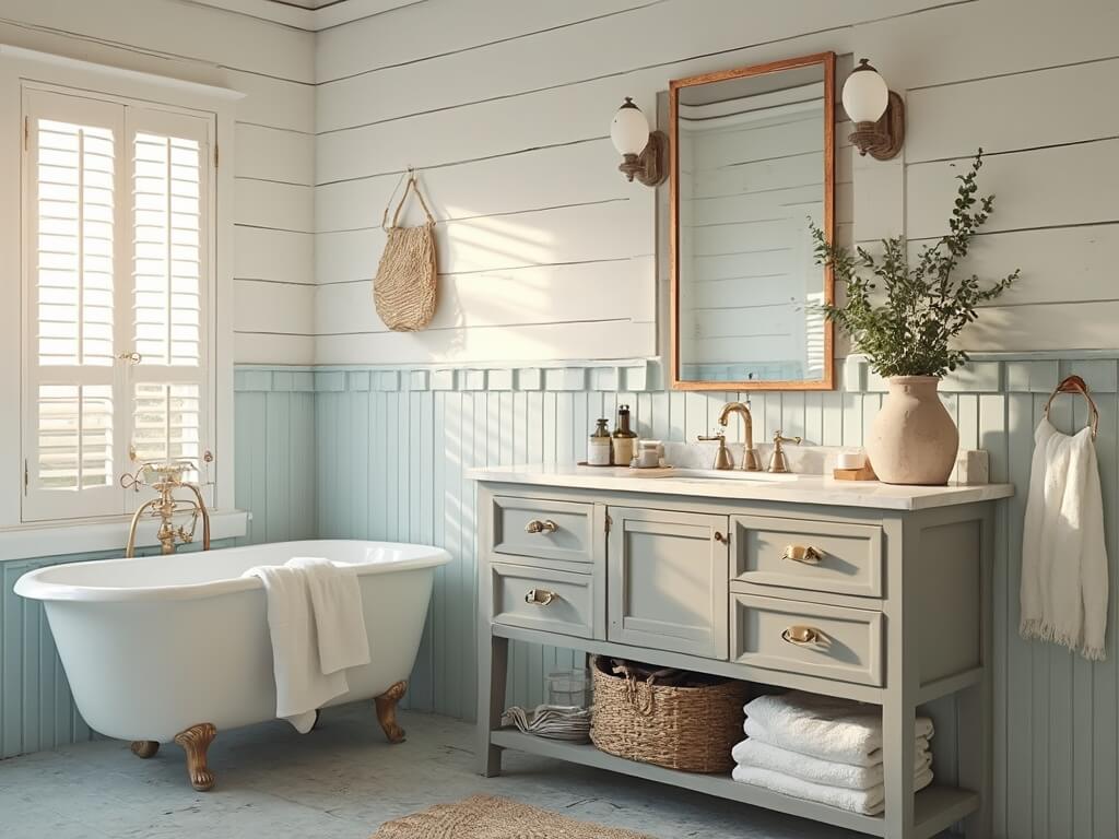 "Coastal farmhouse bathroom with natural light and vintage decor during golden hour"