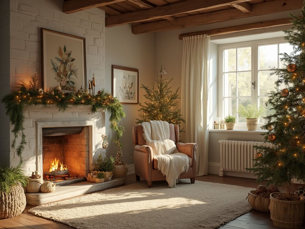 "Cottagecore Christmas living room at golden hour, featuring a decorated fir tree, leather armchair with a cream throw, whitewashed stone fireplace with pine garland, and vintage decor in sage green, honey gold, warm cream, and aged copper tones."