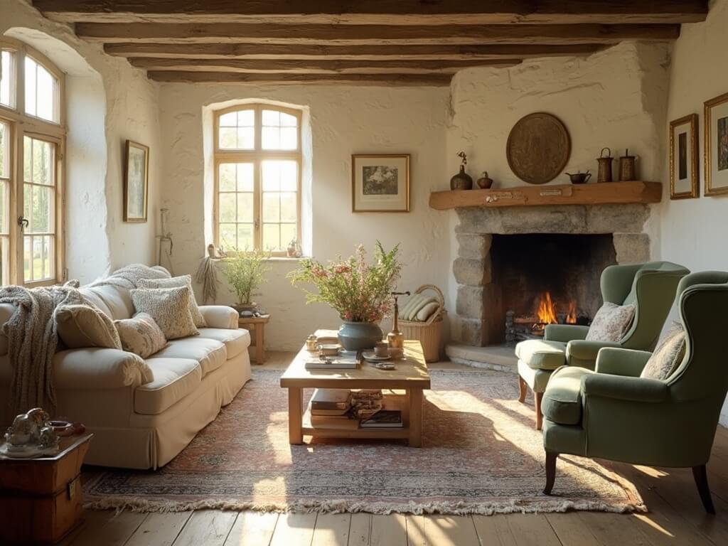 "Rustic cottage living room in golden hour sunlight with whitewashed stone walls, wooden beams, fireplace, cream sofa, sage green chairs, Persian rugs, and antique decor"
