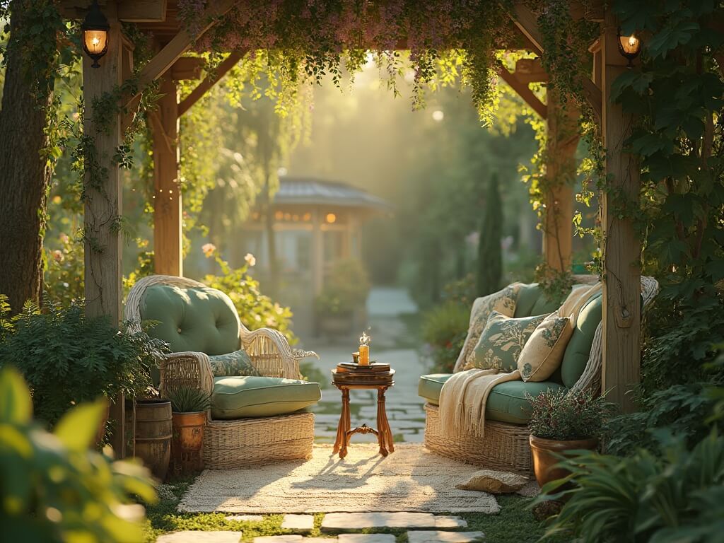 "Secluded garden nook with white wicker armchair, lush greenery, weathered pergola with wisteria and fairy lights, and vintage side table with book and tea cup"