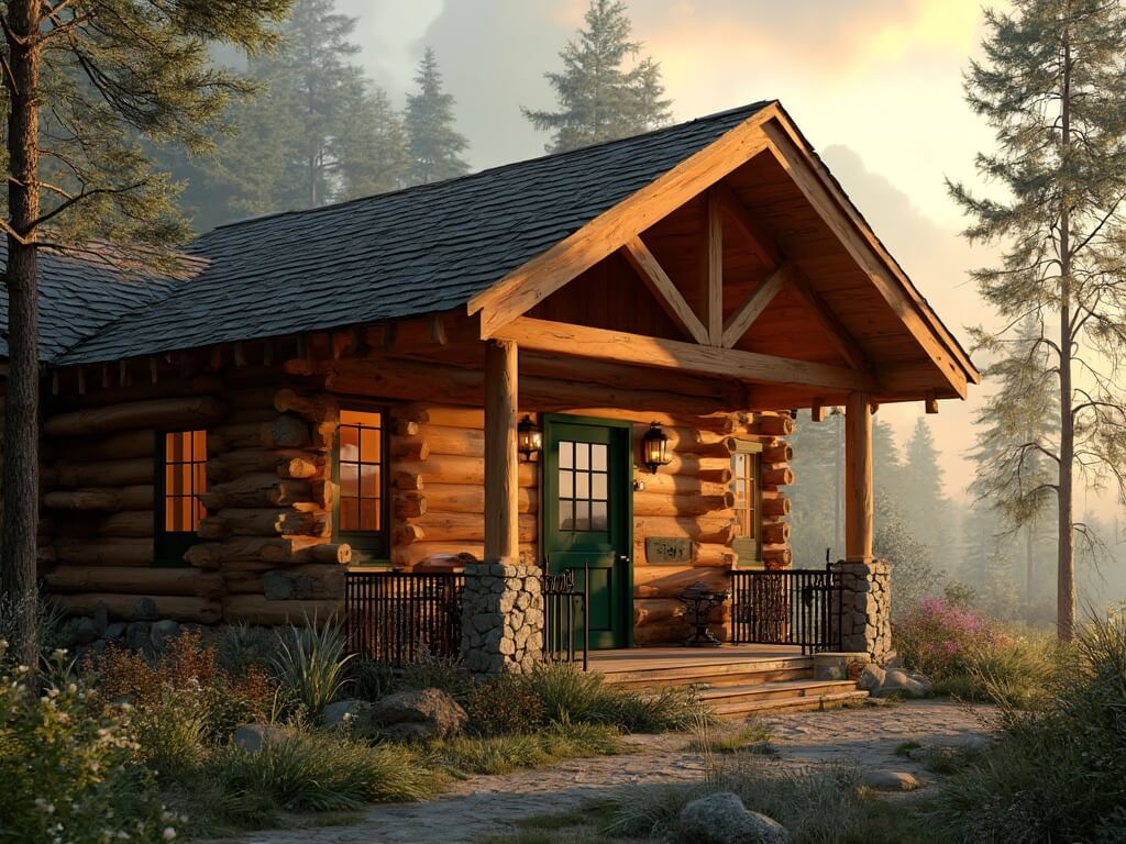 "Exterior view of a cozy woodland cabin at sunset with hand-hewn log walls, wraparound porch, large green entry door, stone foundation, surrounded by pine trees and native wildflowers, misty mountain backdrop at golden hour."