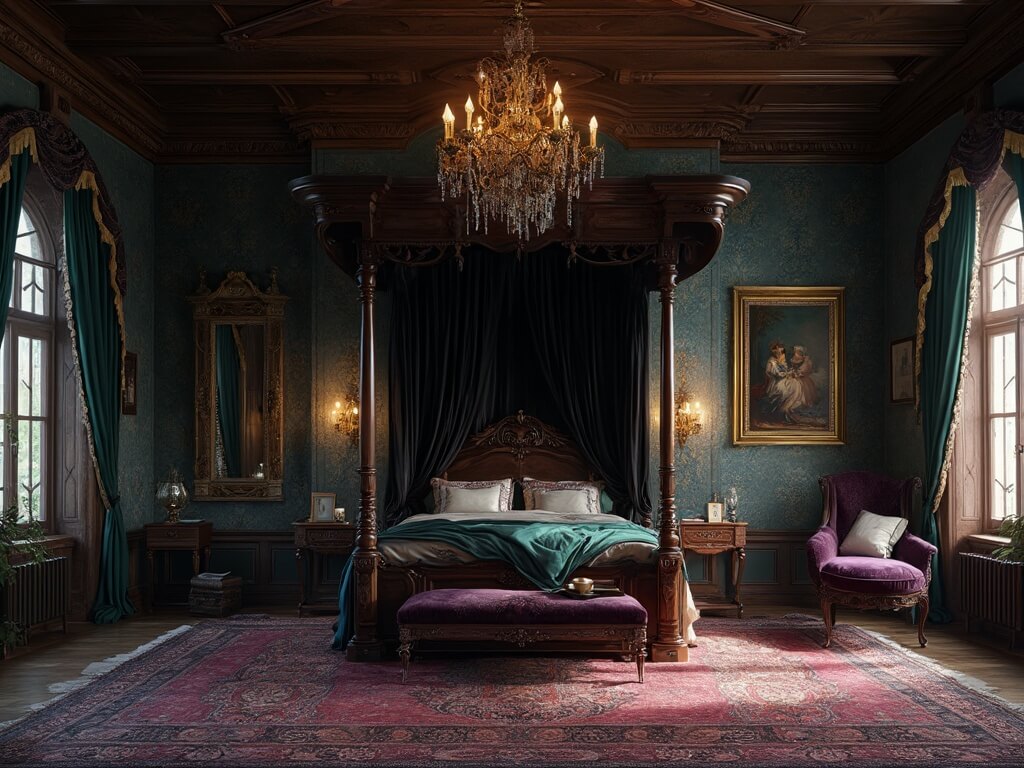 "Victorian master bedroom with mahogany four-poster bed, midnight blue damask wallpaper, Persian carpets, antique mirror and velvet lounge, lit by a chandelier and wall sconces at dusk"