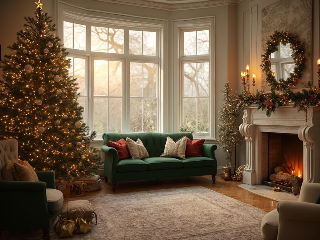 "Elegant Christmas-themed living room bathed in golden hour light with decorated fir tree, white marble fireplace and emerald green velvet sofa"