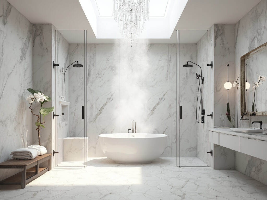 "Luxurious modern bathroom featuring oval freestanding tub within glass shower enclosure, marble walls and flooring, and skylight with ambient LED lighting"