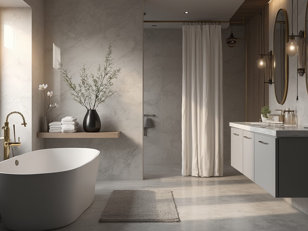 "Luxurious grey marble bathroom with freestanding soaking tub, brass fixtures, and spa-inspired decor during golden hour"