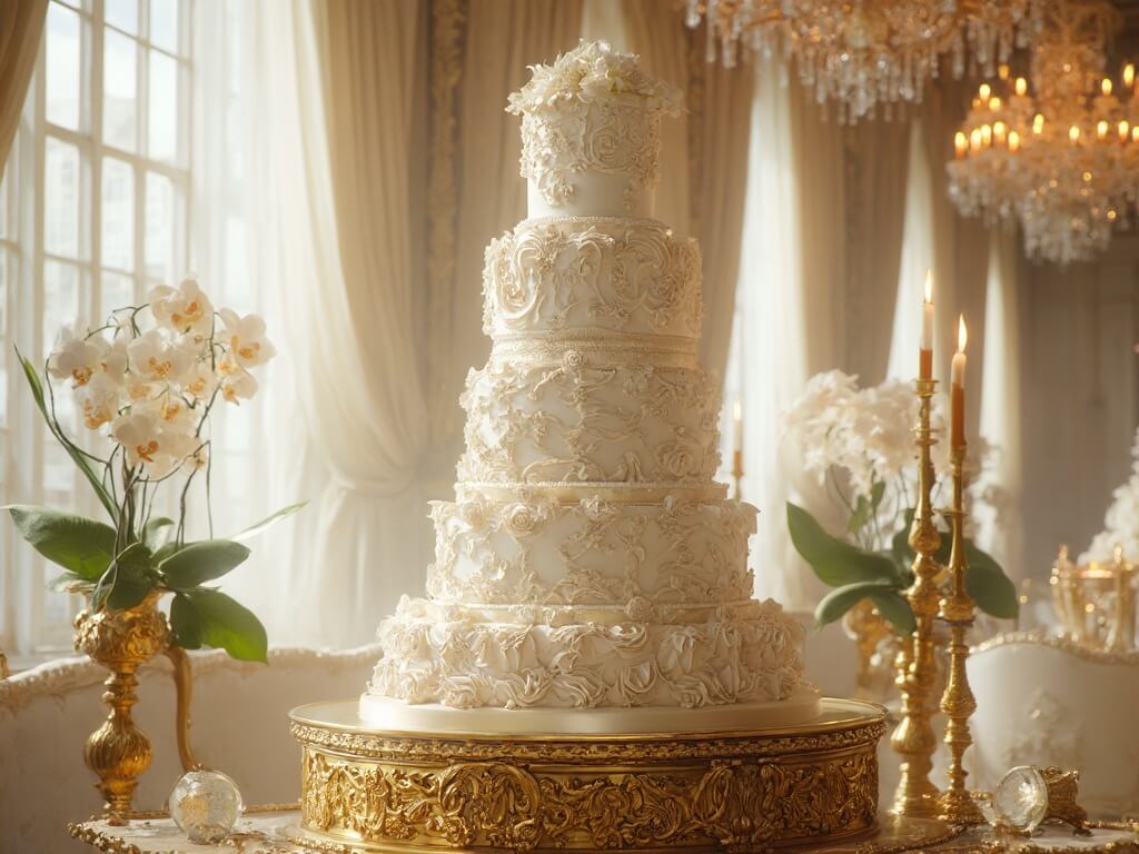 "Luxury six-tier wedding cake with gold leaf accents and sugar flowers on antique table in grand ballroom"