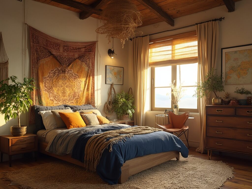 "Boho styled masculine bedroom with navy linen bedding, mid-century furniture, natural textures, and adventure-themed accents, illuminated by warm, golden hour sunlight."