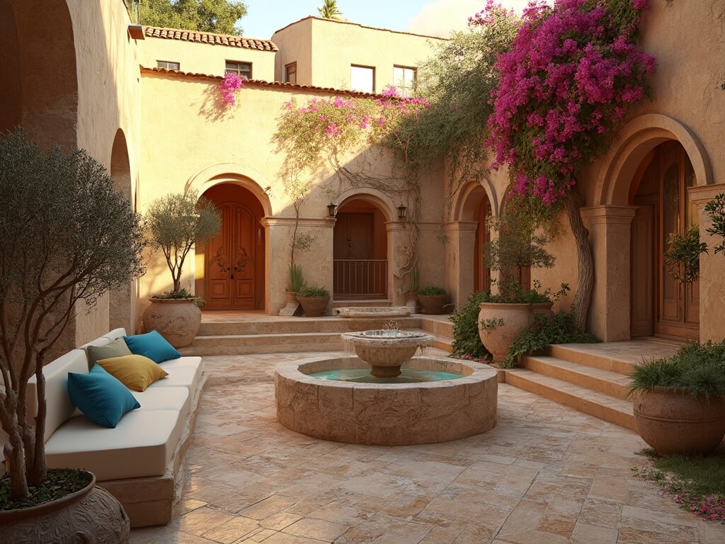 "Mediterranean villa courtyard at sunset with limestone fountain, terracotta tile flooring, olive trees in planters, and bougainvillea in bloom"