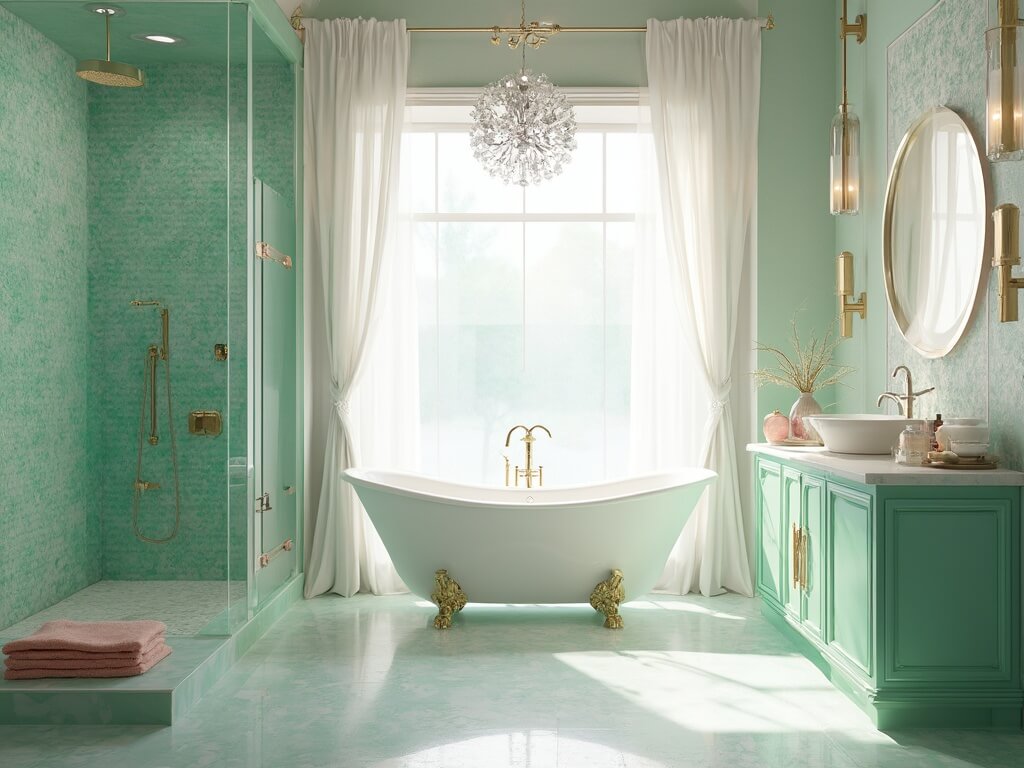 "Luxurious coastal bathroom interior with mermaid-themed design, featuring seafoam green scale-pattern tiles, mother-of-pearl mosaic backdrop, Venetian shell-motif mirror, and coral-colored Turkish towels."