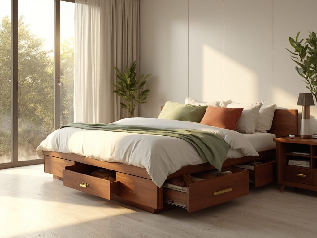 "Mid-century modern bedroom with a walnut wood platform storage bed, white linens and accent pillows, in natural golden hour sunlight coming through floor-to-ceiling windows"