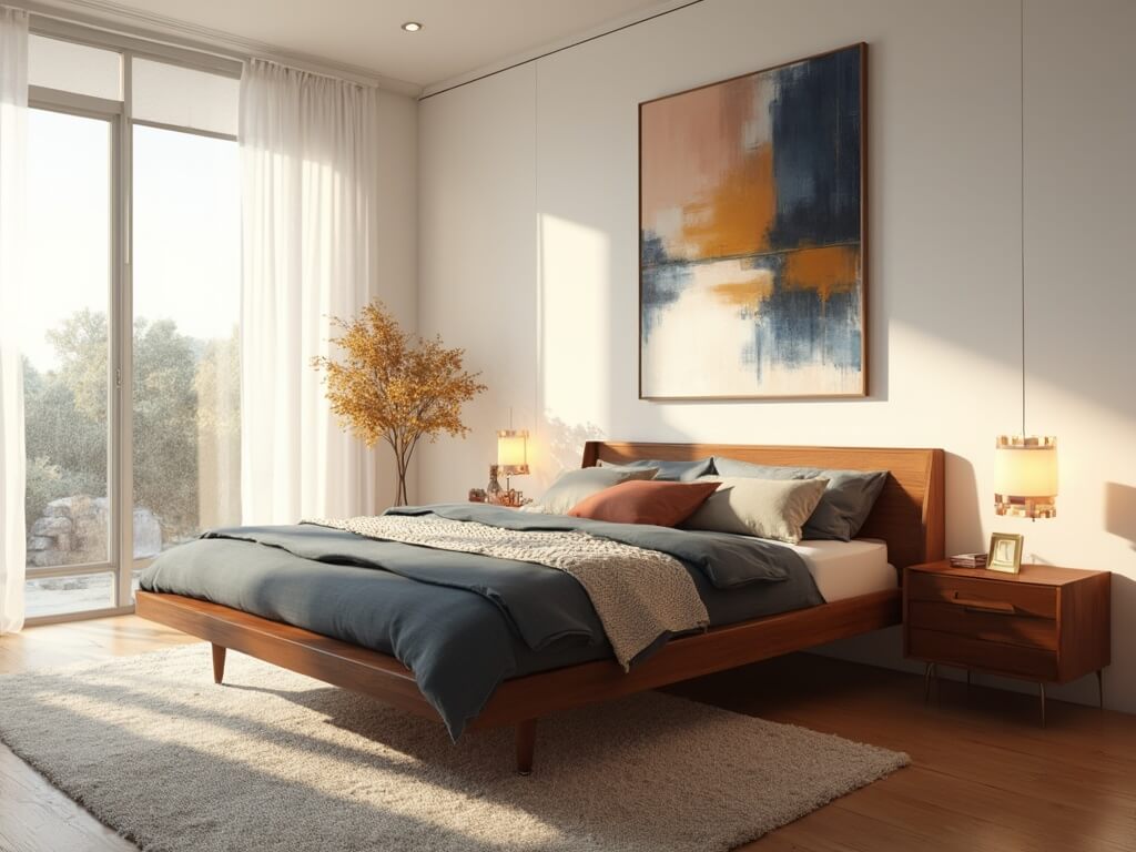 "Sunlit mid-century modern bedroom with walnut platform bed, brass accents, floating nightstands, and abstract wall art"