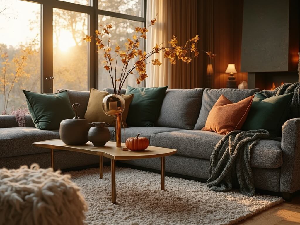 "Modern living room in autumn golden hour light with charcoal gray sofa, brass coffee table, and fall decor"