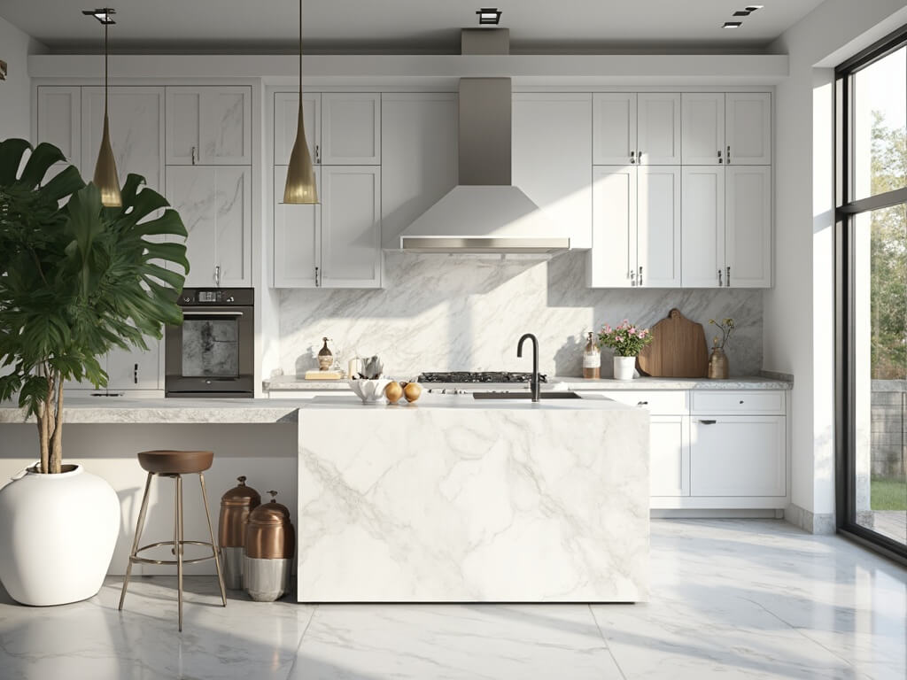 "Modern minimalist kitchen with white cabinets, Carrara marble island, stainless steel appliances, and warm lighting."