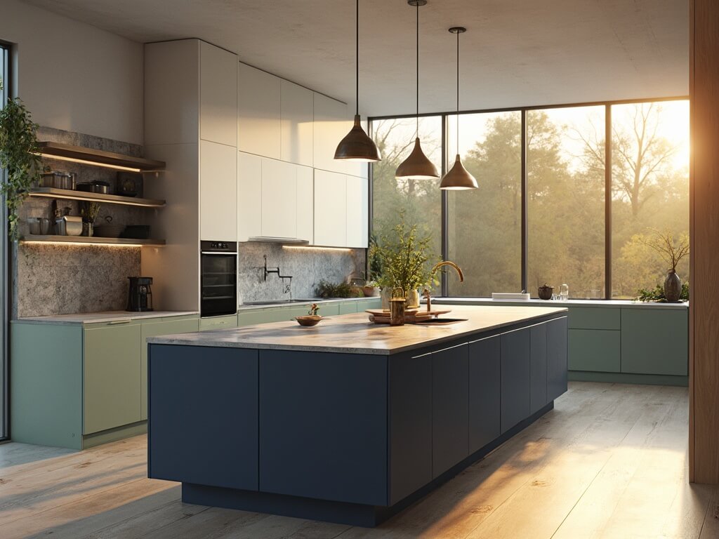 "Modern luxury kitchen with navy blue island, white upper and sage green lower cabinets, integrated smart appliances, and a morning coffee setup under golden hour sunlight"