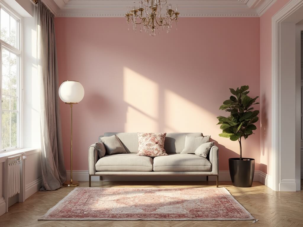 "Elegant modern living room with pink accent wall, grey velvet sofa, and mid-century decor, lit by soft afternoon sunlight"