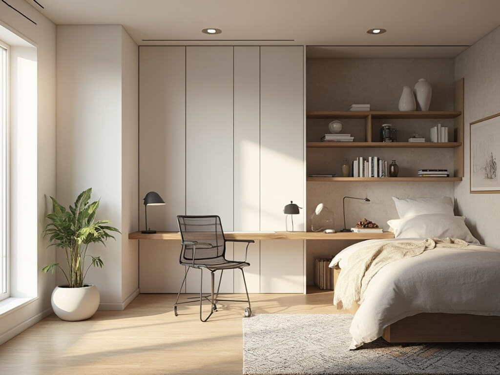 "Modern Scandinavian guest room office with Murphy bed and floating desk during golden hour"