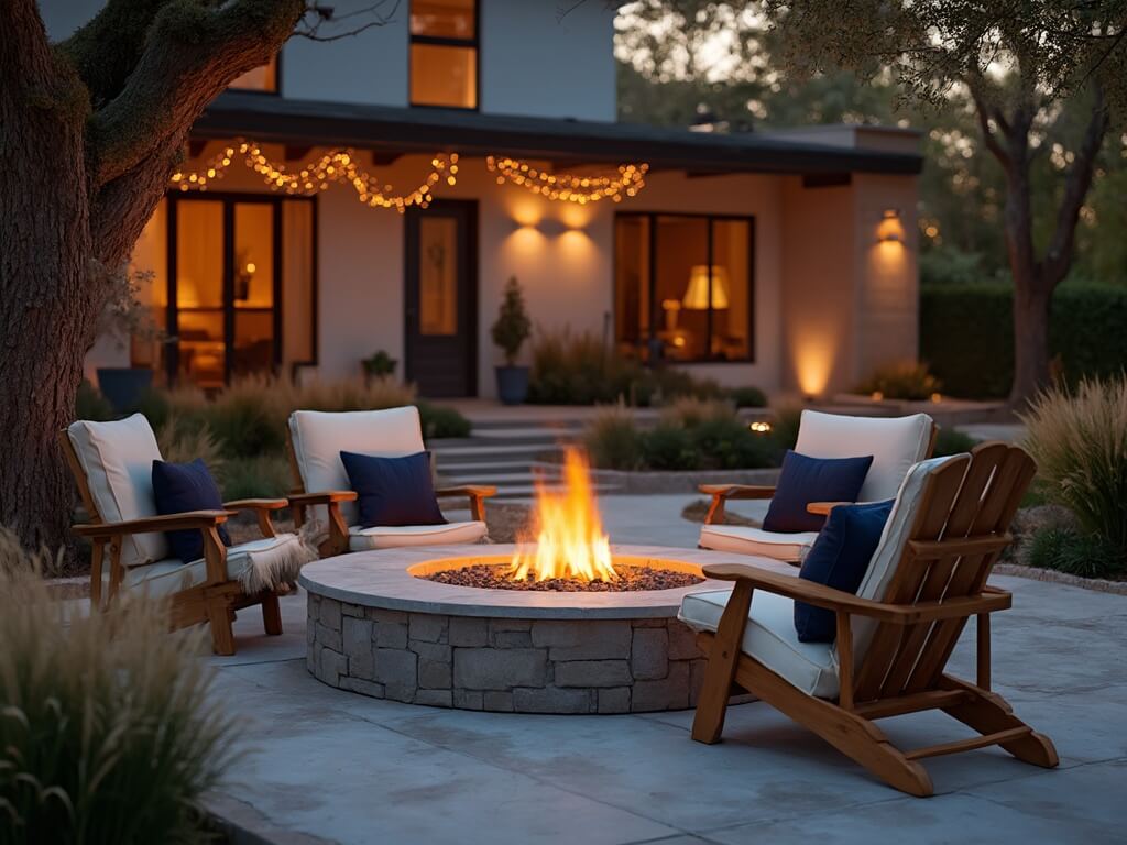 "Twilight photograph of a luxurious backyard featuring a stone firepit, premium teak chairs, and copper string lights, with a modern home in the background"