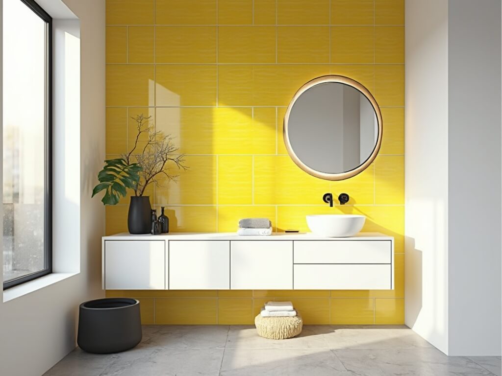 "Modern, bright bathroom with yellow subway tile wall, white floating vanity and minimalist accessories lit by natural light"
