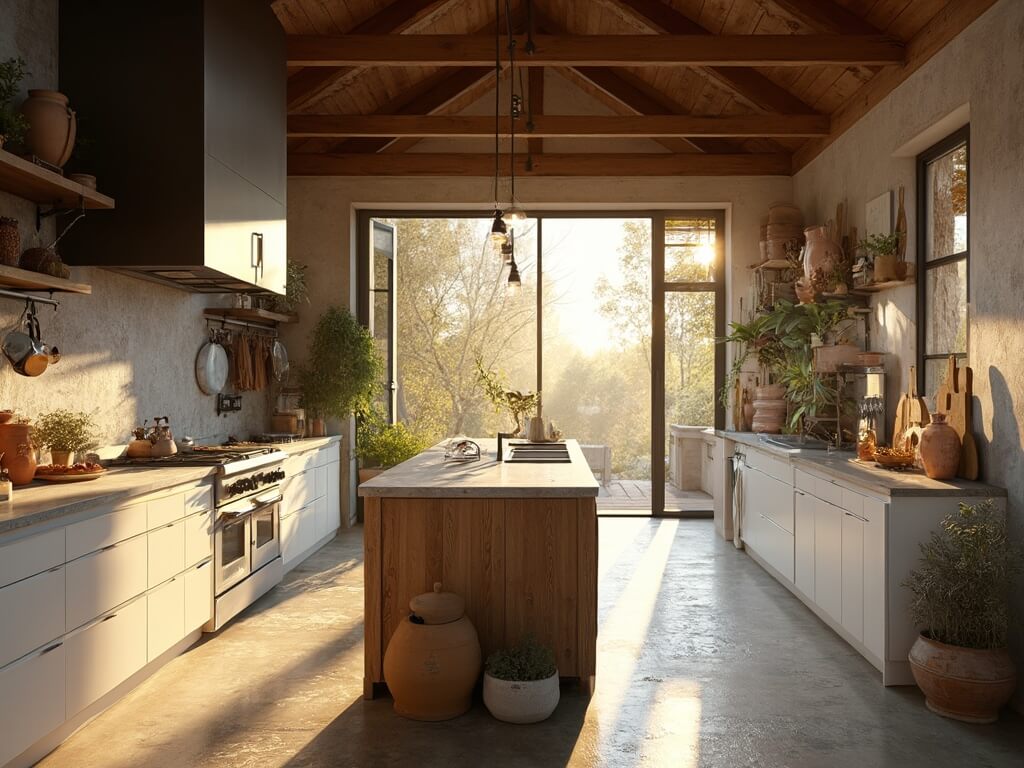 "Spacious rustic modern kitchen with vaulted wooden ceiling, concrete countertops, and oak island during golden hour"