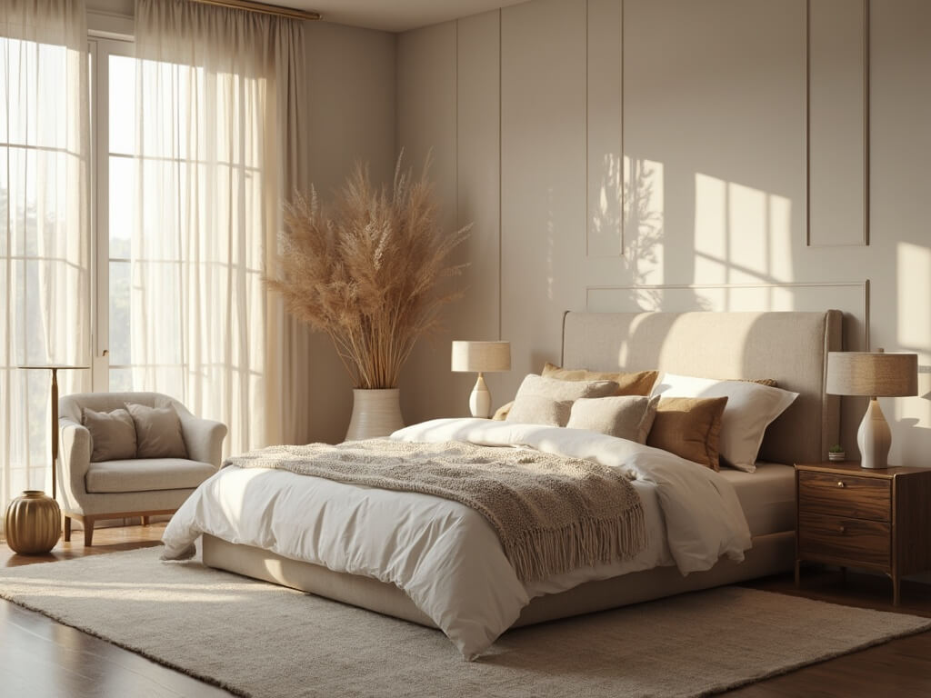 "Serene neutral bedroom with sunlit sanctuary ambiance, luxurious beddings, and sophisticated decor"