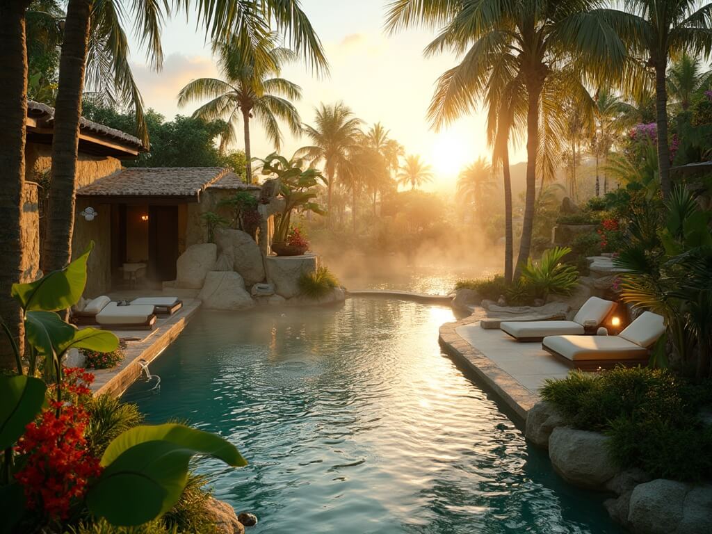 "Luxurious tropical backyard with a stone infinity pool, lush vegetation, and a lounging area at sunset"