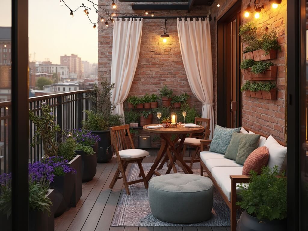 "Urban balcony sanctuary at twilight featuring acacia wood bistro set, copper planters with ivy and petunias, a vertical herb garden, and city view background."