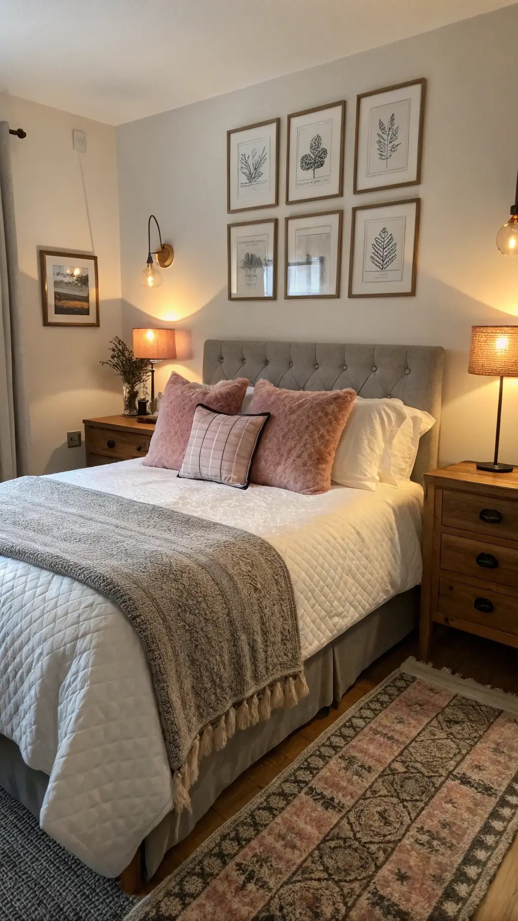Cozy guest room with queen bed dressed in white sheets, oatmeal knit throw, and dusty rose and charcoal velvet pillows, warmly lit by ceramic table lamps on wooden nightstands, with a vintage art gallery wall, captured from bed height to accentuate depth and warmth.