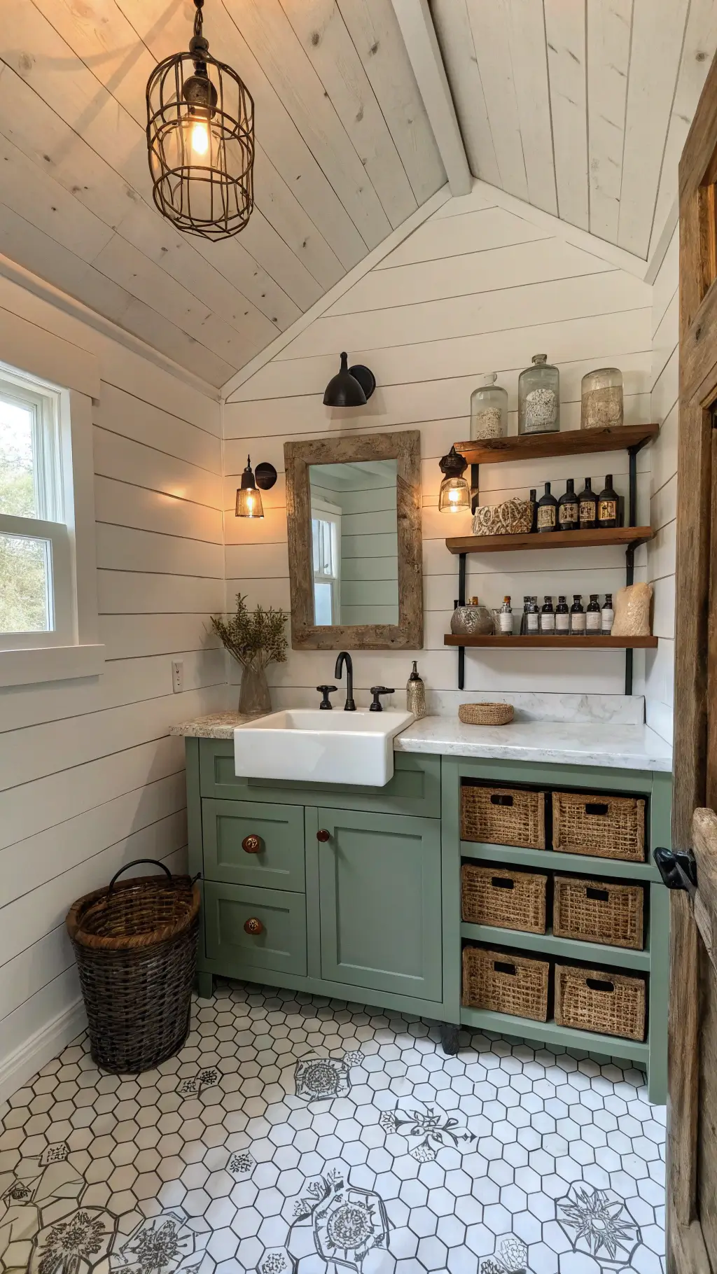 Vintage rustic farmhouse bathroom featuring exposed beams, shiplap walls, sage green vanity with copper sink, black and white hexagonal floor tiles, and reclaimed wood shelves adorned with apothecary bottles.