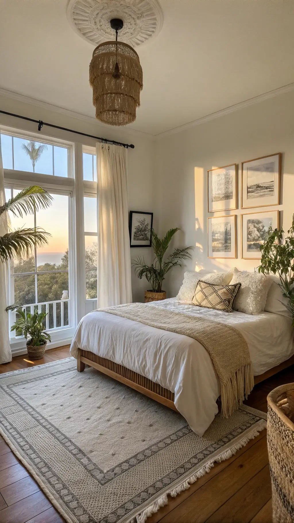 Boho style master bedroom with rattan bed, Persian rug, and potted plants, bathed in warm morning light.