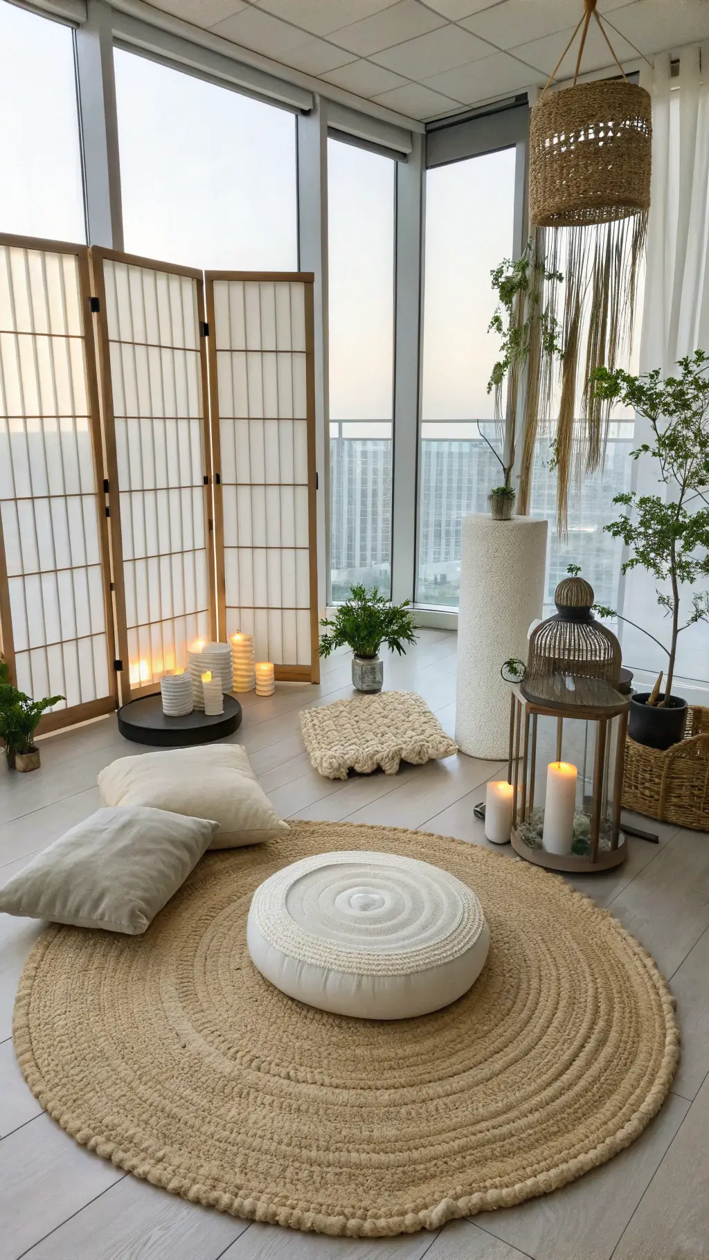 High-angle shot of a serene 6x8ft meditation corner with floor-to-ceiling windows, bamboo screen, raw silk and linen cushions on a round jute rug, brass floor lanterns, white pillar candles, hanging airplants, and crystal clusters in early-morning light.