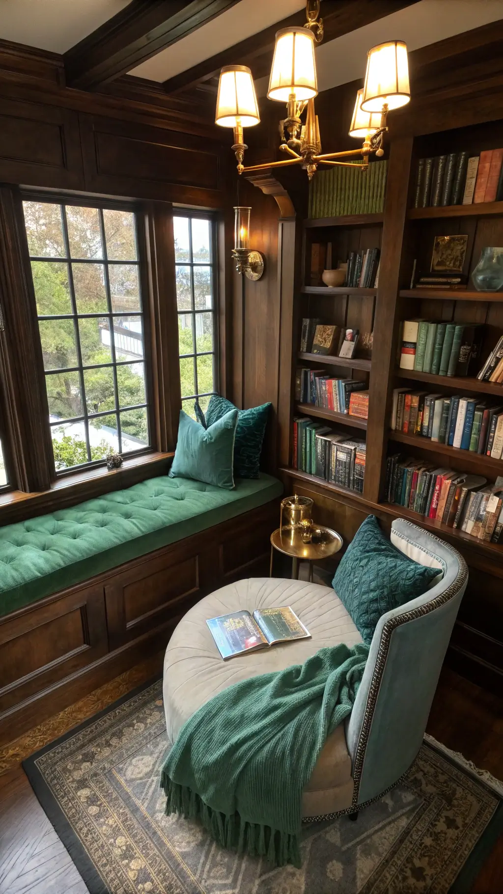 Aerial view of cozy, 12x12ft reading nook with emerald velvet window seat, black bookshelves, vintage brass lamp, tarot cards, crystals, mint green throw blankets, celestial mobile, antique hourglasses on a wooden side table, and lens flare effects during golden hour.