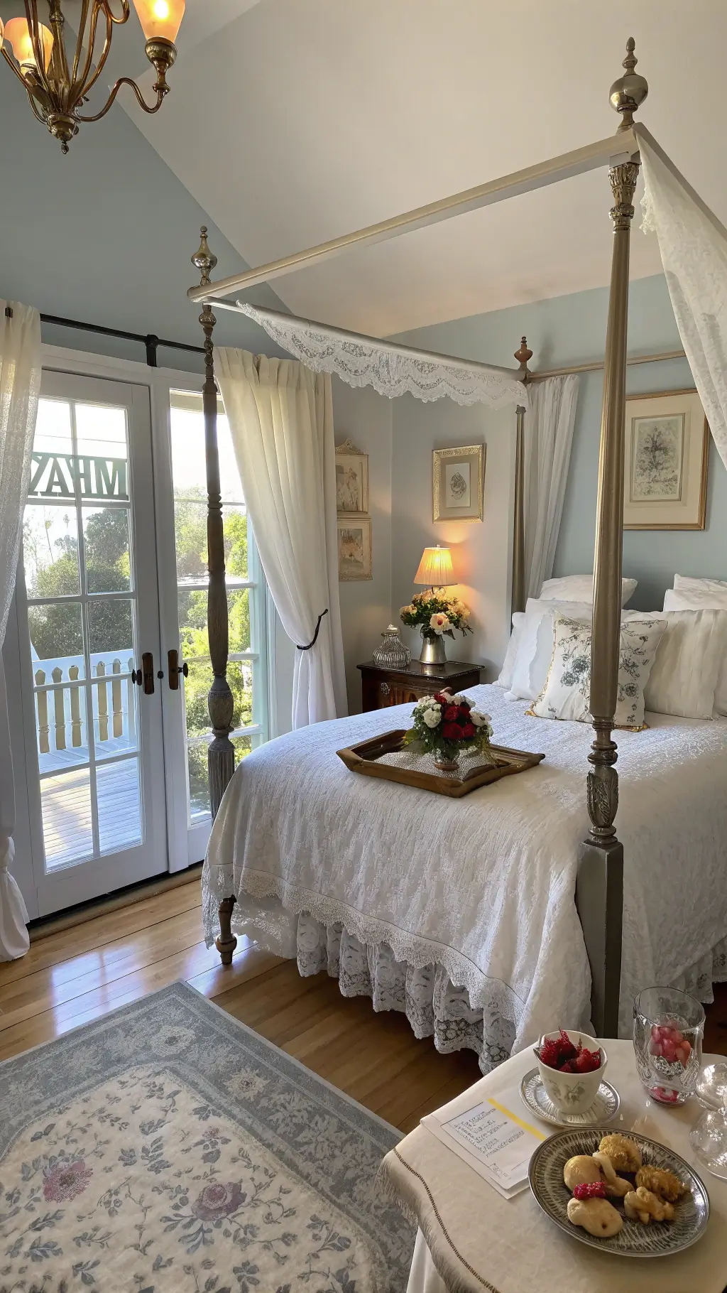 Cozy master bedroom with four-poster bed, French doors open to a Juliet balcony, breakfast tray with flowers and notes, pale blue walls, and cream-colored area rug.