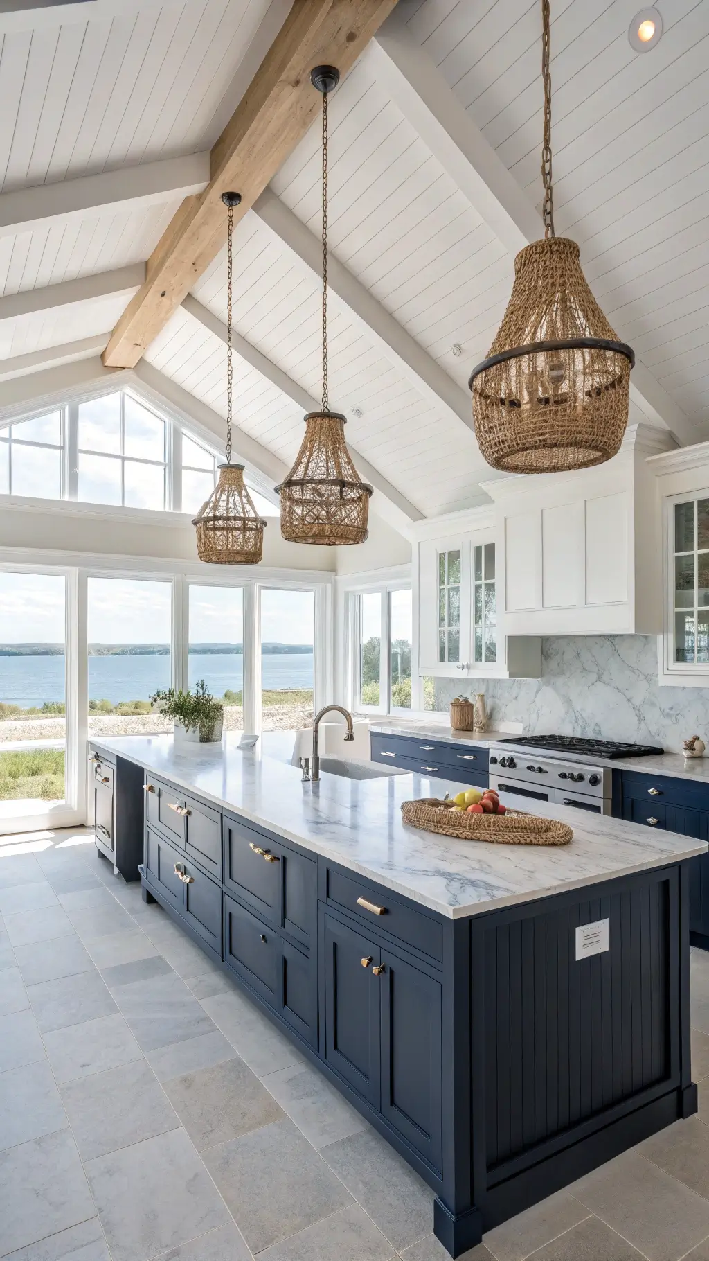 Bright, spacious 18x24ft kitchen with cathedral ceiling, navy-stained oak cabinets, white marble counters, woven pendants and driftwood accents, revealing natural light and water views for a coastal dark wood revival theme.