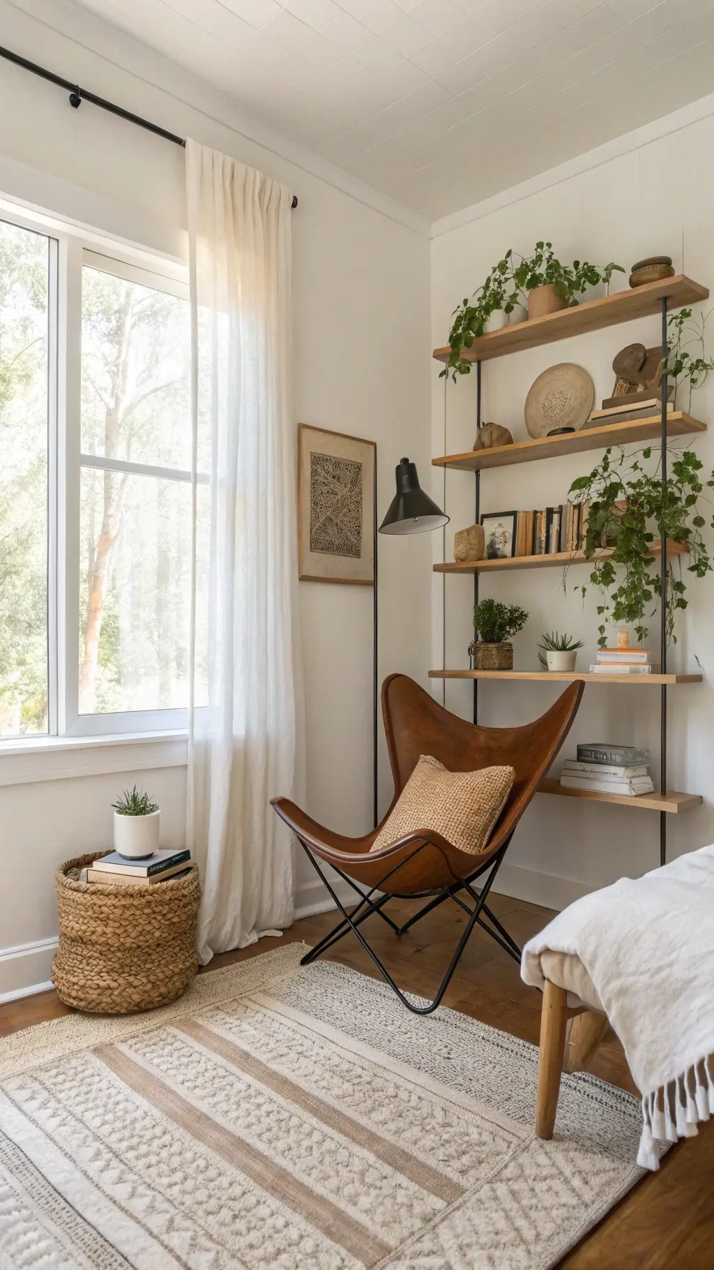 Sunlit bedroom with a reading nook by the window, featuring a low leather chair, floating shelves with ceramics, a vintage Moroccan rug, and a brass floor lamp. The light filters through sheer linen panels, creating a peaceful and warm atmosphere.