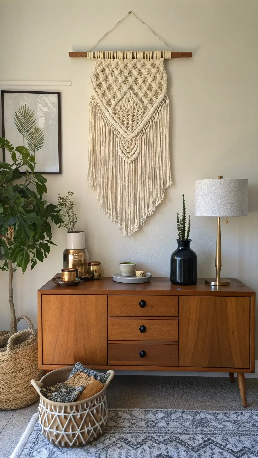 Cozy bedroom with handwoven macramé wall hanging, low-profile teak credenza styled with ceramic vessels, brass objects and plants, flanked by vintage indigo textile art, lit by a rattan table lamp.