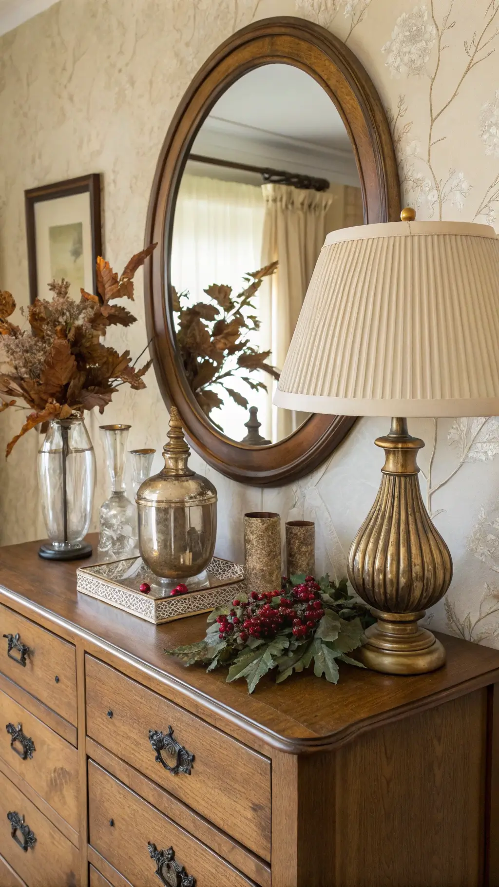 Vintage oak dresser with round mirror, brass lamp, mercury glass vessels, and dried oak leaves arrangement in guest bedroom, shot at angle in afternoon light.