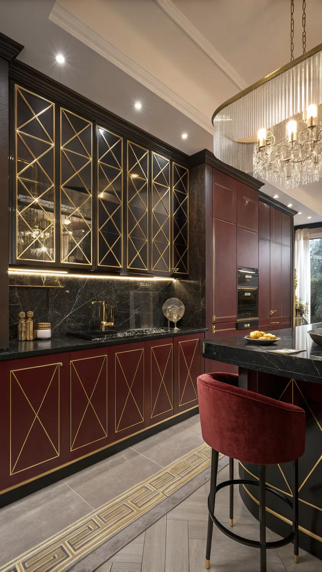 Art deco-style kitchen with deep red lacquered cabinets, black marble countertops, gold-veined mirror backsplash, and velvet-upholstered breakfast bar under soft accent lighting