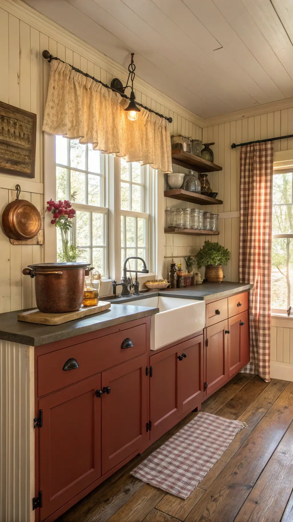 Vintage American farmhouse kitchen with distressed red lower cabinets, cream beadboard uppers, soapstone countertops and copper pots on iron rack, illuminated by late afternoon sunlight through gingham curtains.