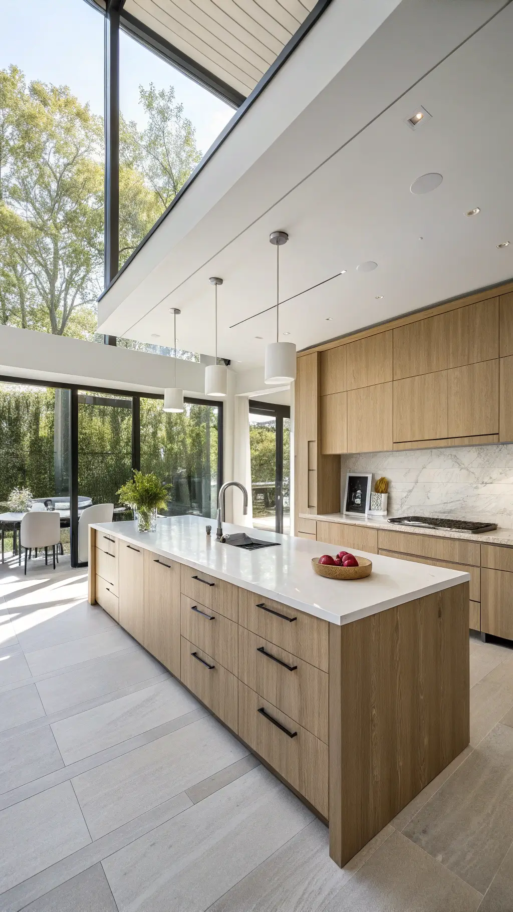 Bright and spacious open-concept kitchen with white oak cabinets, waterfall quartz island, minimal décor, and an oversized art piece, illuminated by natural light from floor-to-ceiling windows.
