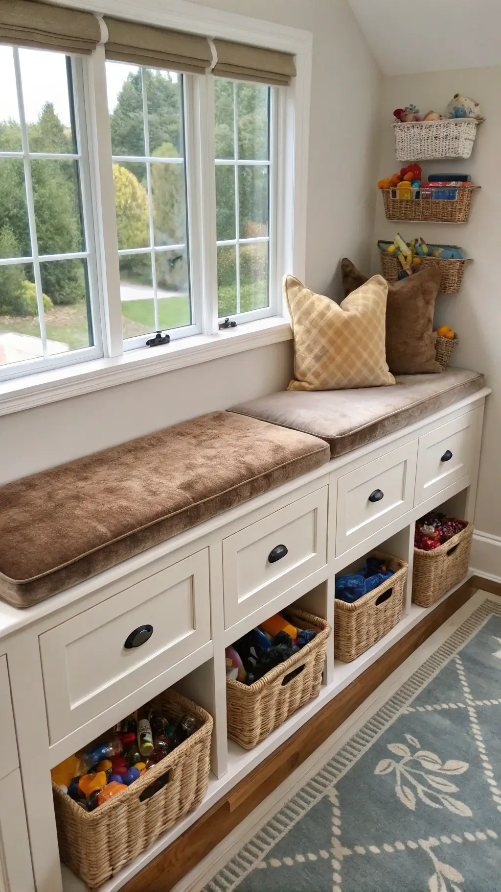 Overhead view of a storage corner with built-in window seat, brass hardware, drawers holding essentials, a cushioned velvet top, and woven baskets organizing toys.